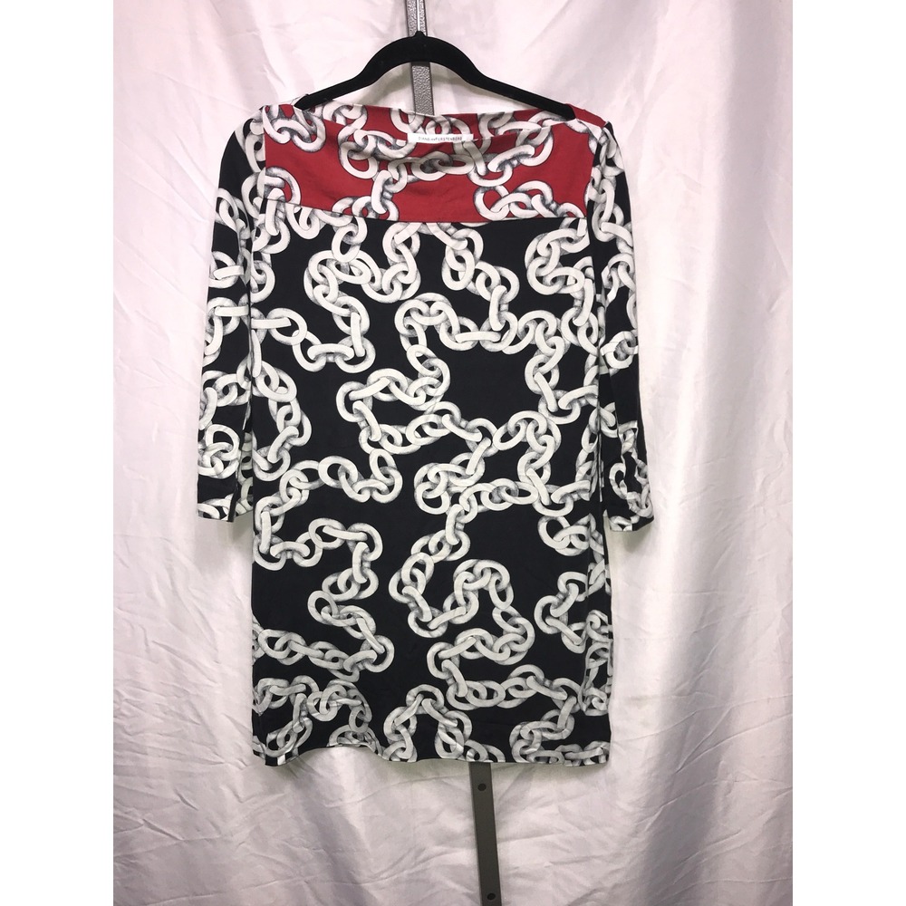 Diane von Furstenberg Chain Print Silk Dress Size 10 Red Black